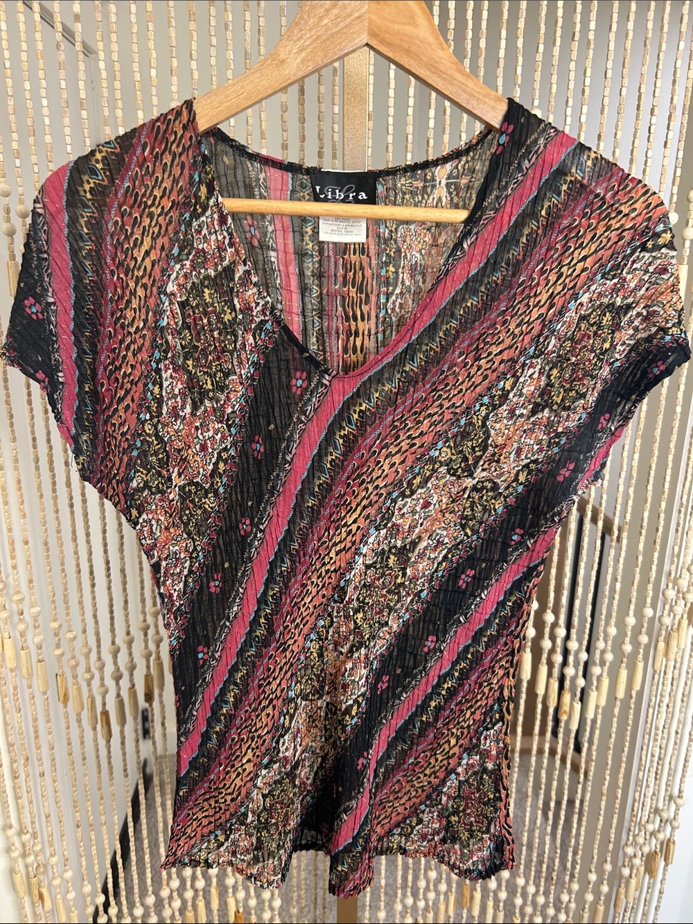 Libra Sheer V-Neck Short Sleeve Top in Pink & Black Print